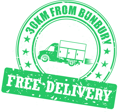 Free delivery stamp reading 30km from Bunbury, with a delivery truck